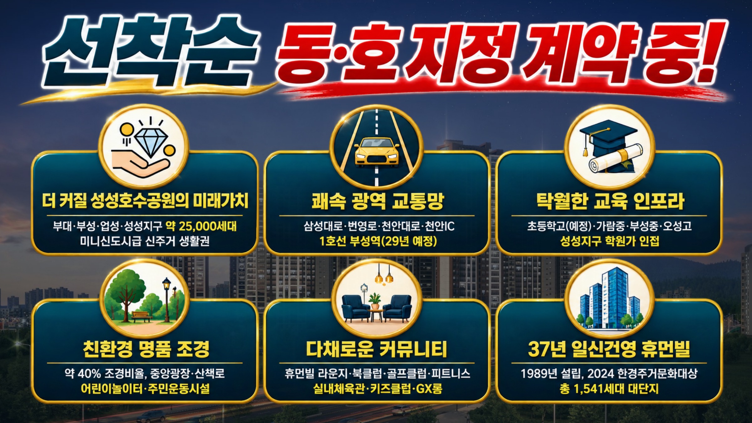 선착순 동·호 지정 계약 중! 더 커질 성성호수공원의 미래가치(부대·부성·업성·성성지구 약 25,000세대) · 쾌속 광역 교통망(삼성대로·번영로·천안대로·천안IC, 1호선 부성역 29년 예정) · 탁월한 교육 인프라(초등학교 예정·가람중·부성중·오성고) · 친환경 명품 조경(약 40%) · 다채로운 커뮤니티 · 37년 일신건영 휴먼빌